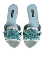 Dolce & Gabbana Silver Blue Leather Bead Embellish Slide Shoes - Eljoys Fashion 