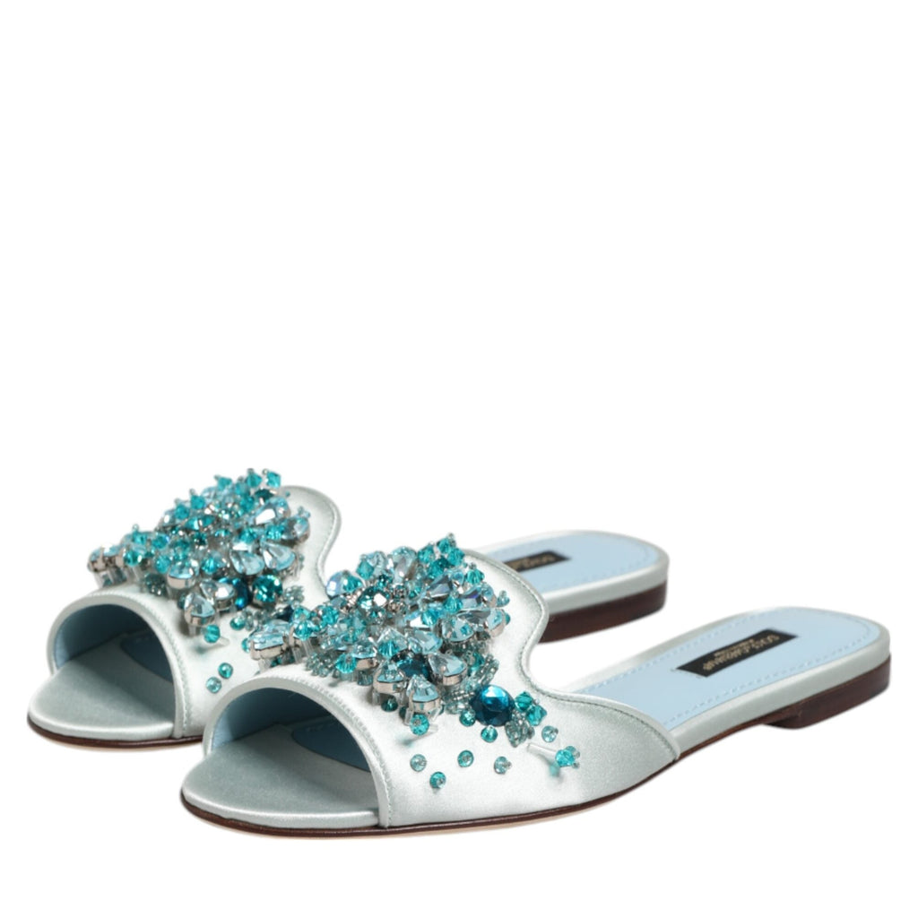 Dolce & Gabbana Silver Blue Leather Bead Embellish Slide Shoes