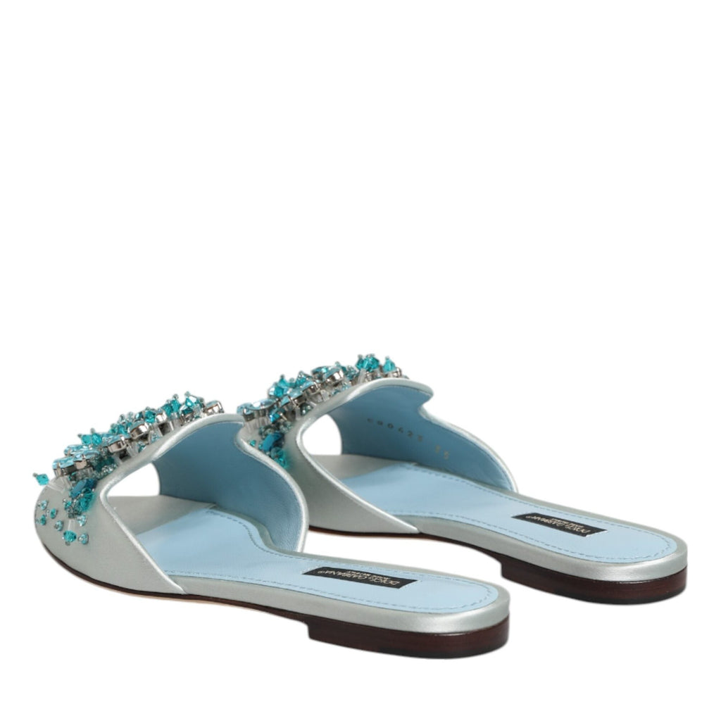Dolce & Gabbana Silver Blue Leather Bead Embellish Slide Shoes