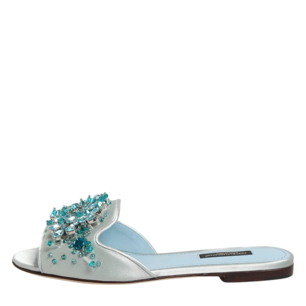 Dolce & Gabbana Silver Blue Leather Bead Embellish Slide Shoes