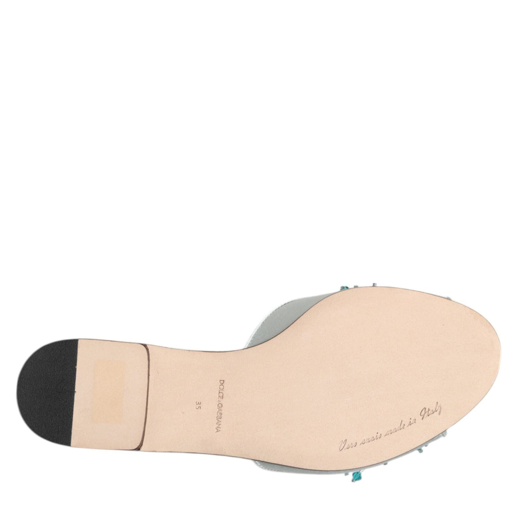 Dolce & Gabbana Silver Blue Leather Bead Embellish Slide Shoes