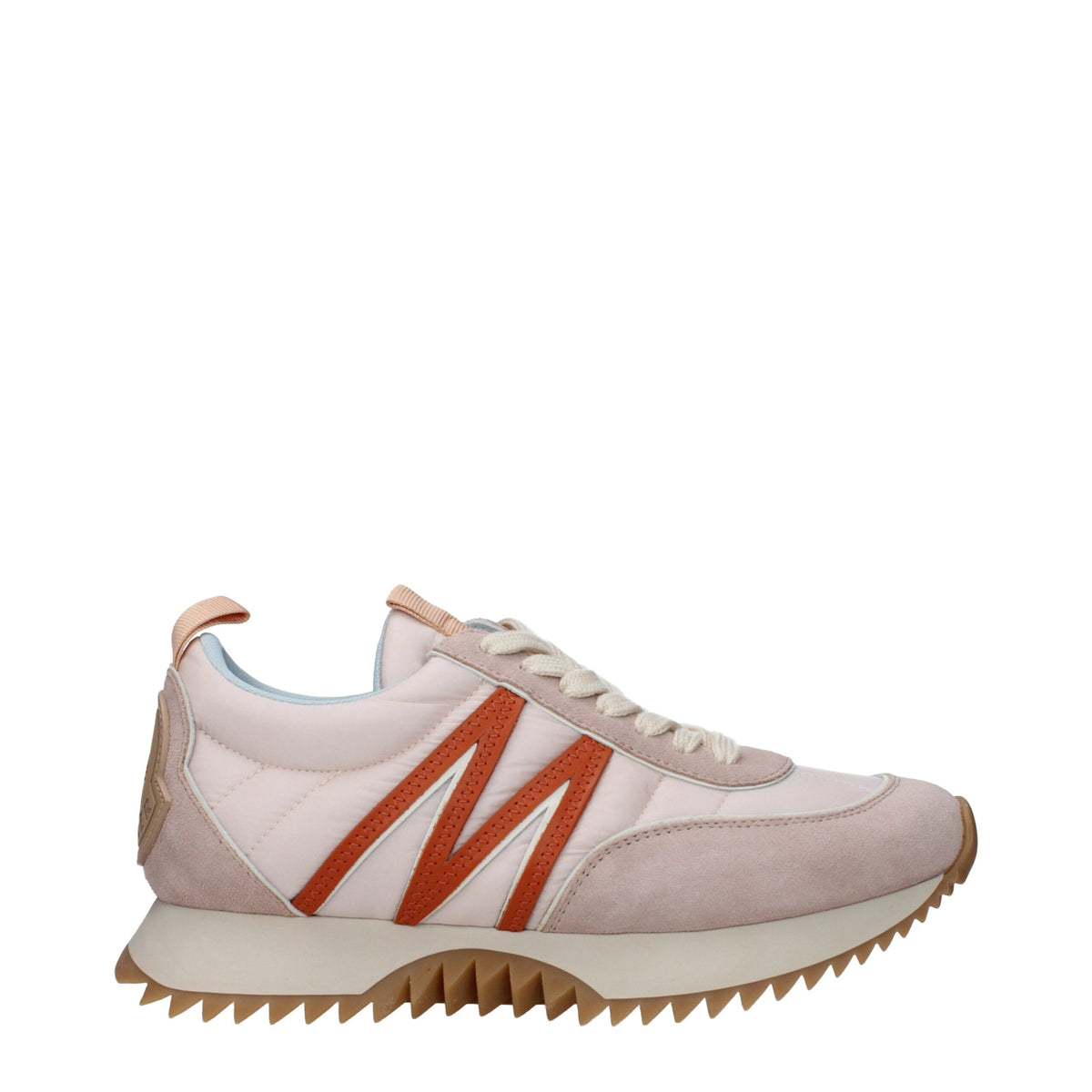 Pink Moncler fabric chunky sneakers with a modern design and textured sole, showcasing stylish athletic footwear.