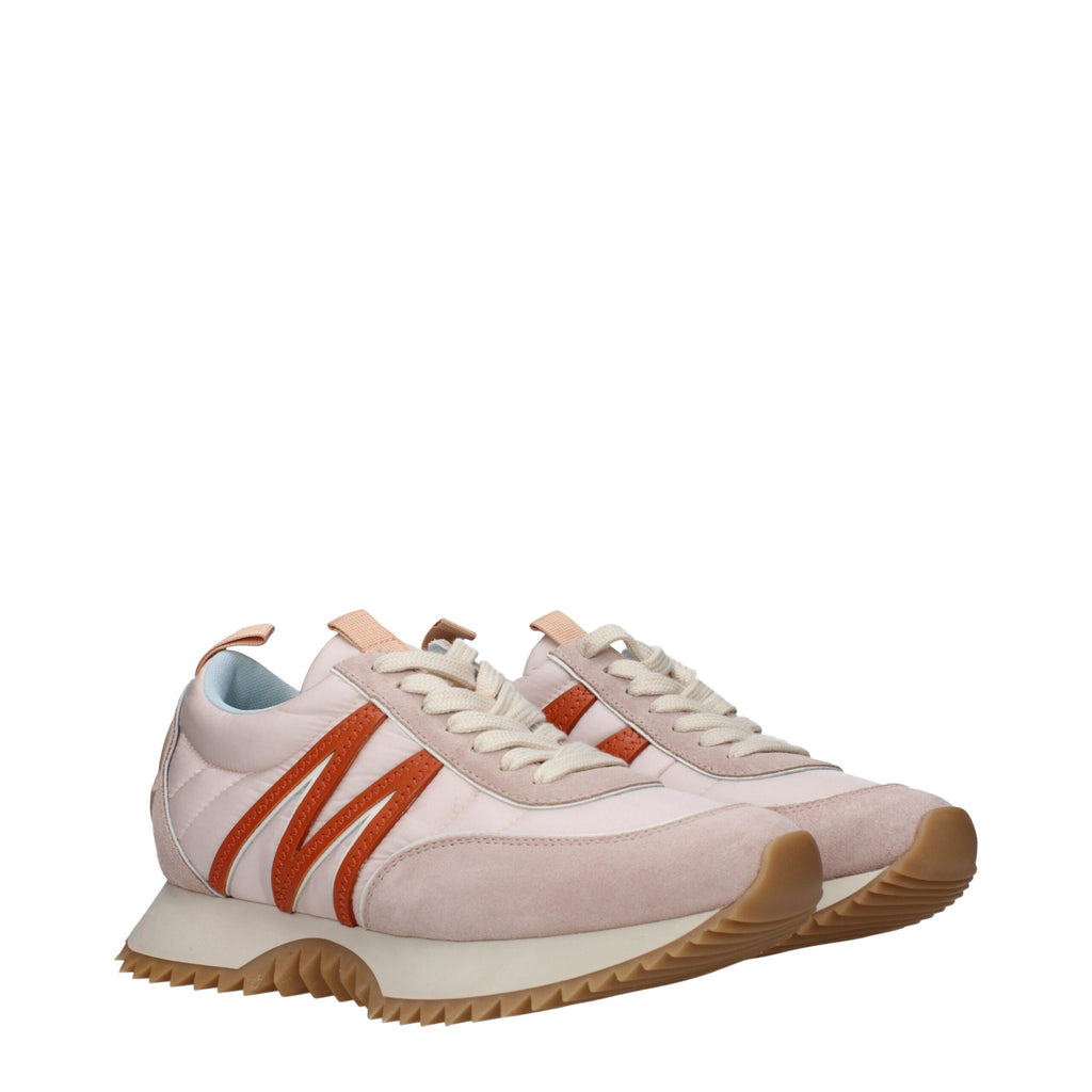 Pink fabric Moncler chunky sneakers with thick soles and stylish design, perfect for casual and sporty looks.
