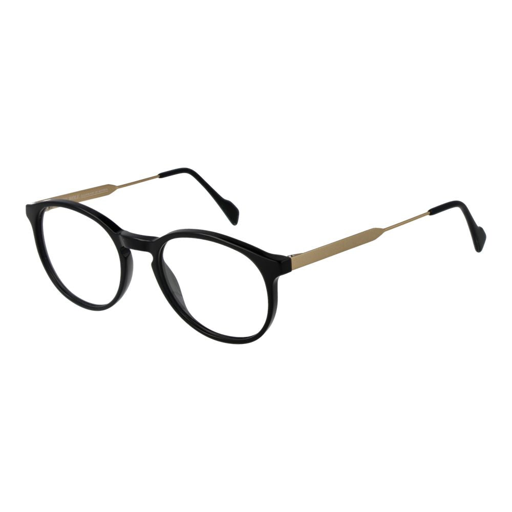 Andy Wolf black acetate glasses frames shown on a model, featuring a sleek, modern design with clear lenses and stylish detailing.