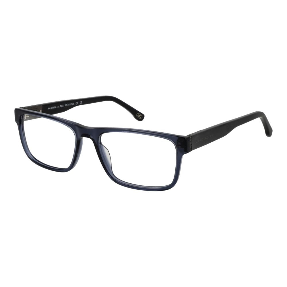 Land Rover blue acetate glasses frames showing sleek design and stylish rectangular shape on a white background.