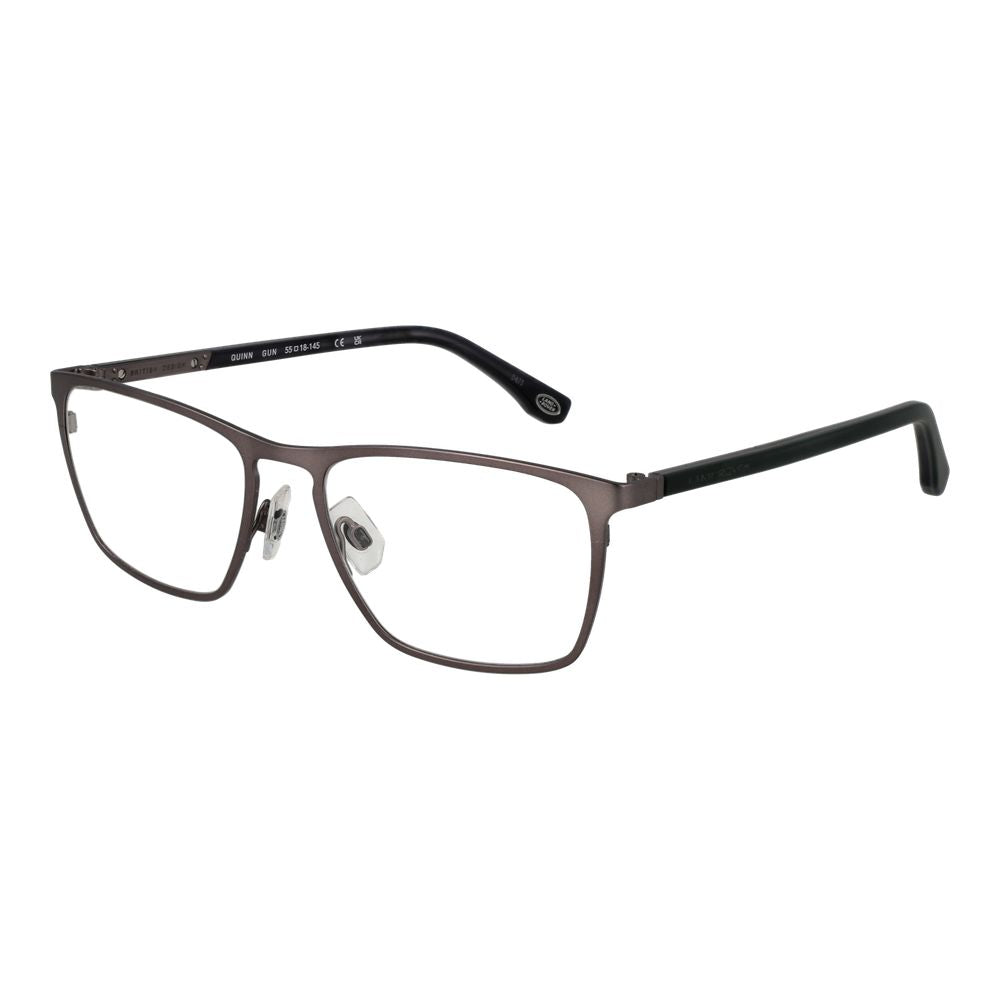 Land Rover gray stainless steel glasses frames with clear lenses, showcasing a sleek and modern design for eyewear.