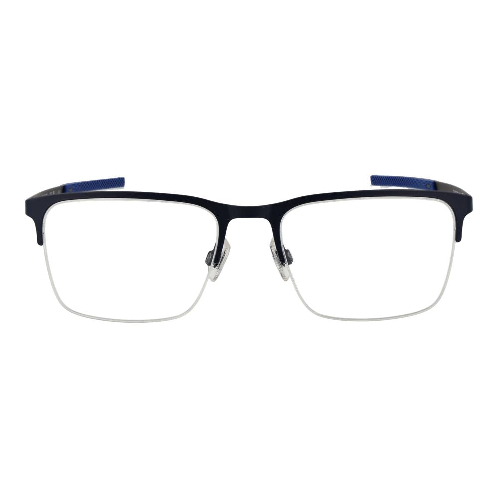Land Rover blue stainless steel eyeglasses frames with sleek design and clear lenses, showcasing modern style and durable craftsmanship.