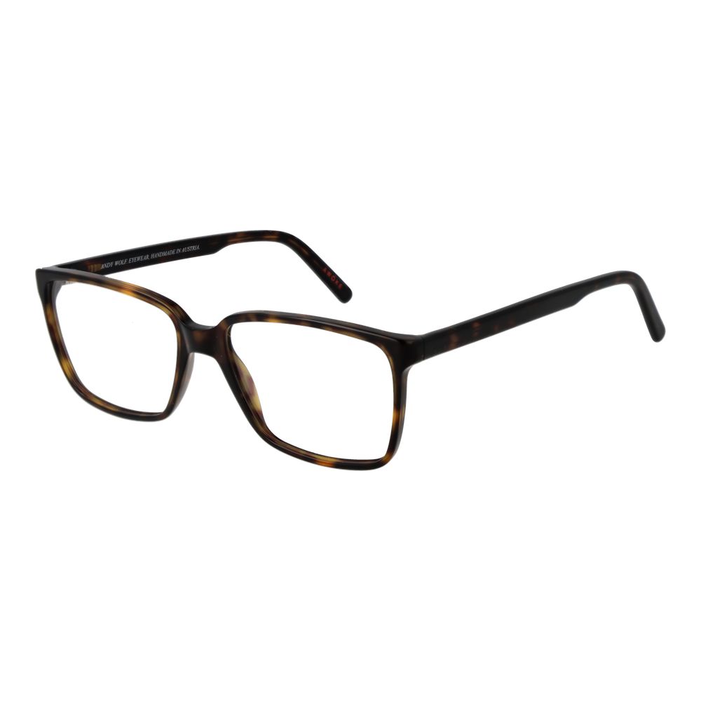 Andy Wolf brown acetate eyeglass frames showing a stylish, full-rim design with clear temples and a modern, sophisticated look.