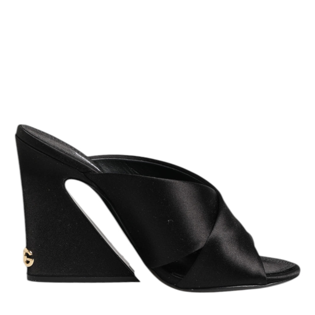 Dolce & Gabbana Black Logo KEIRA Satin Slides Sandals Shoes