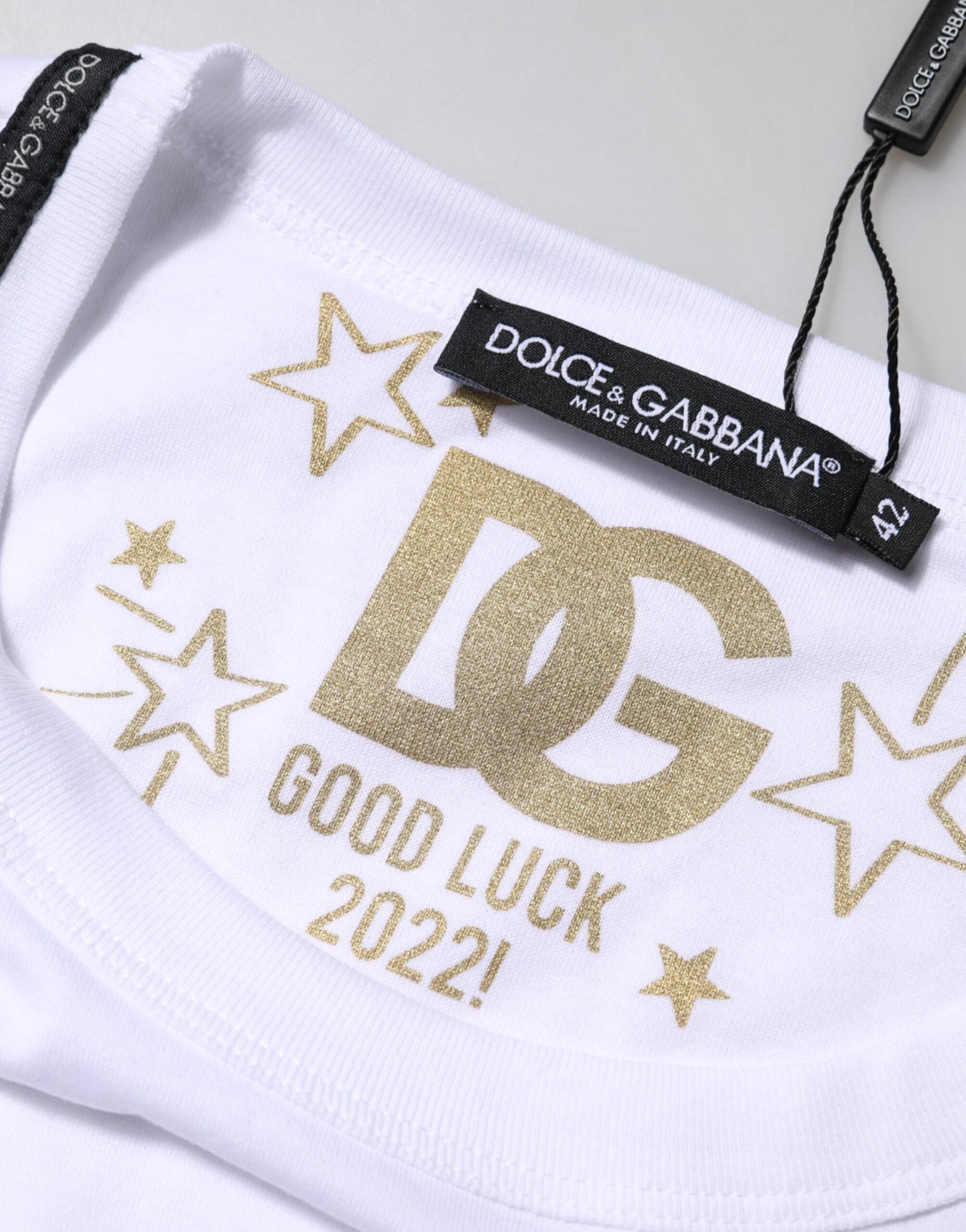 Dolce & Gabbana White Cotton Goodluck 2022 Crew Neck T-shirt Dolce & Gabbana