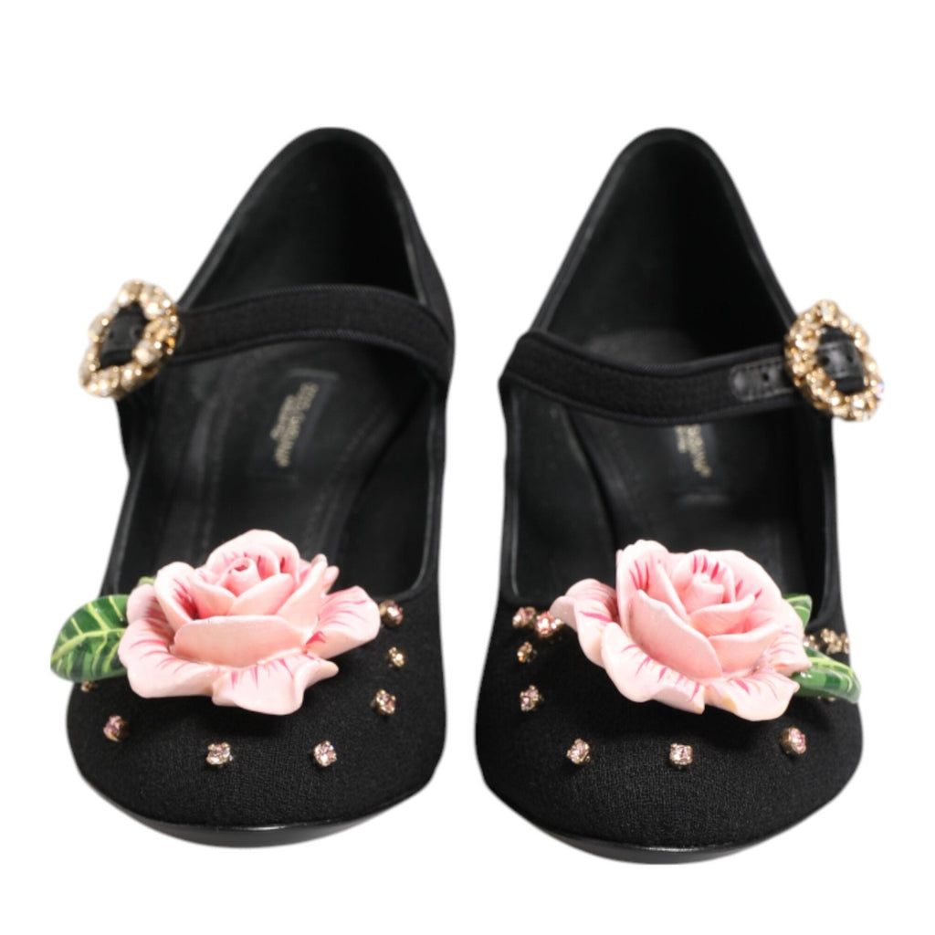 Dolce & Gabbana Black Flower Crystal Embellished Mary Jane Shoes