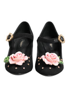 Dolce & Gabbana Black Flower Crystal Embellished Mary Jane Shoes - Eljoys Fashion 