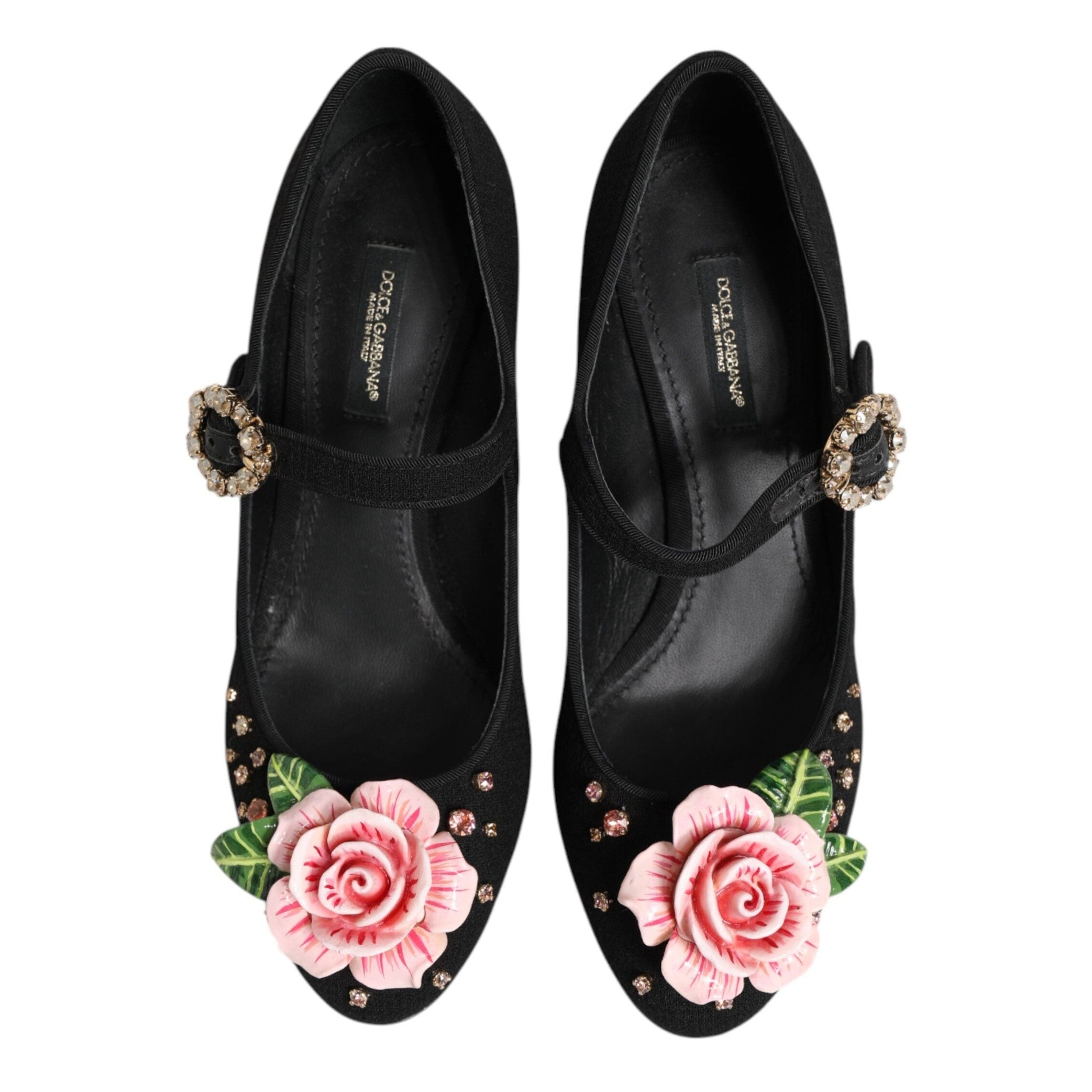 Dolce & Gabbana Black Flower Crystal Embellished Mary Jane Shoes