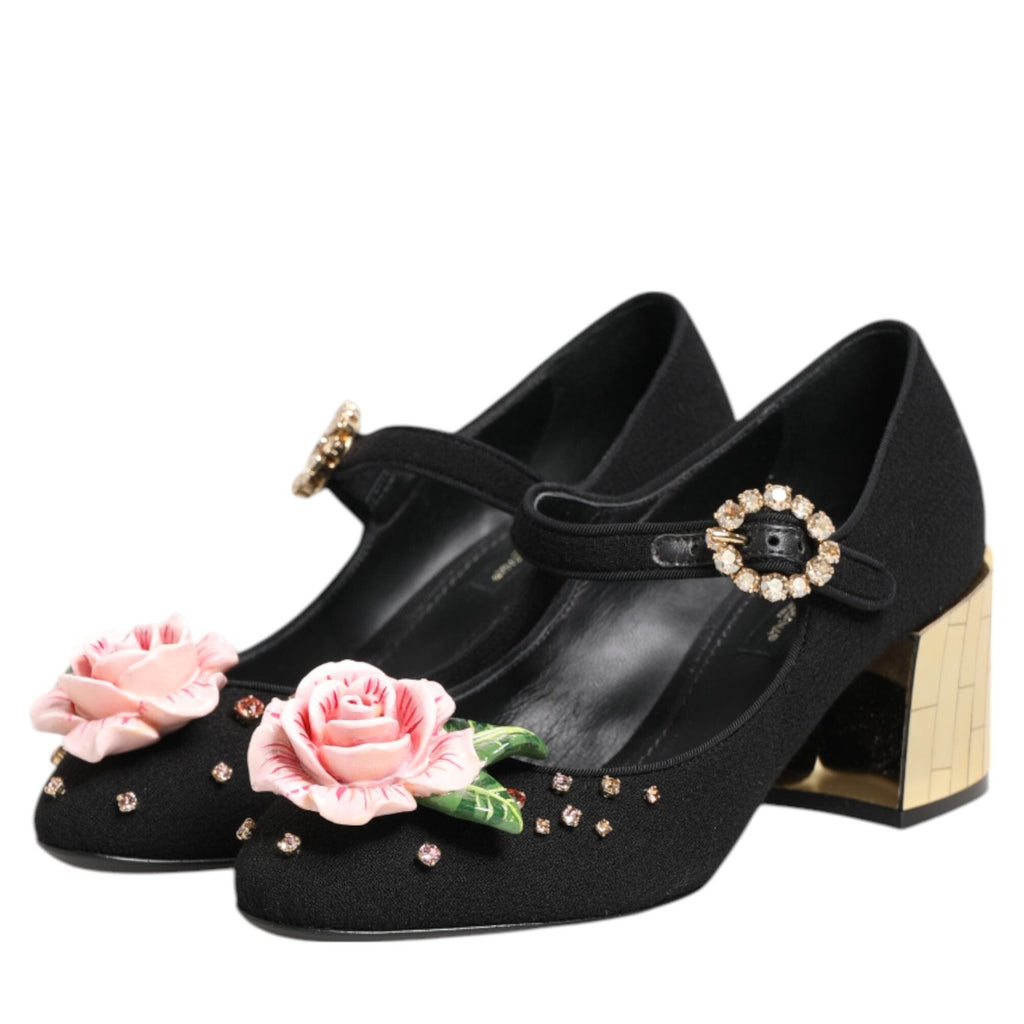 Dolce & Gabbana Black Flower Crystal Embellished Mary Jane Shoes