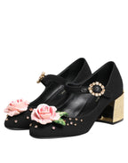 Dolce & Gabbana Black Flower Crystal Embellished Mary Jane Shoes - Eljoys Fashion 