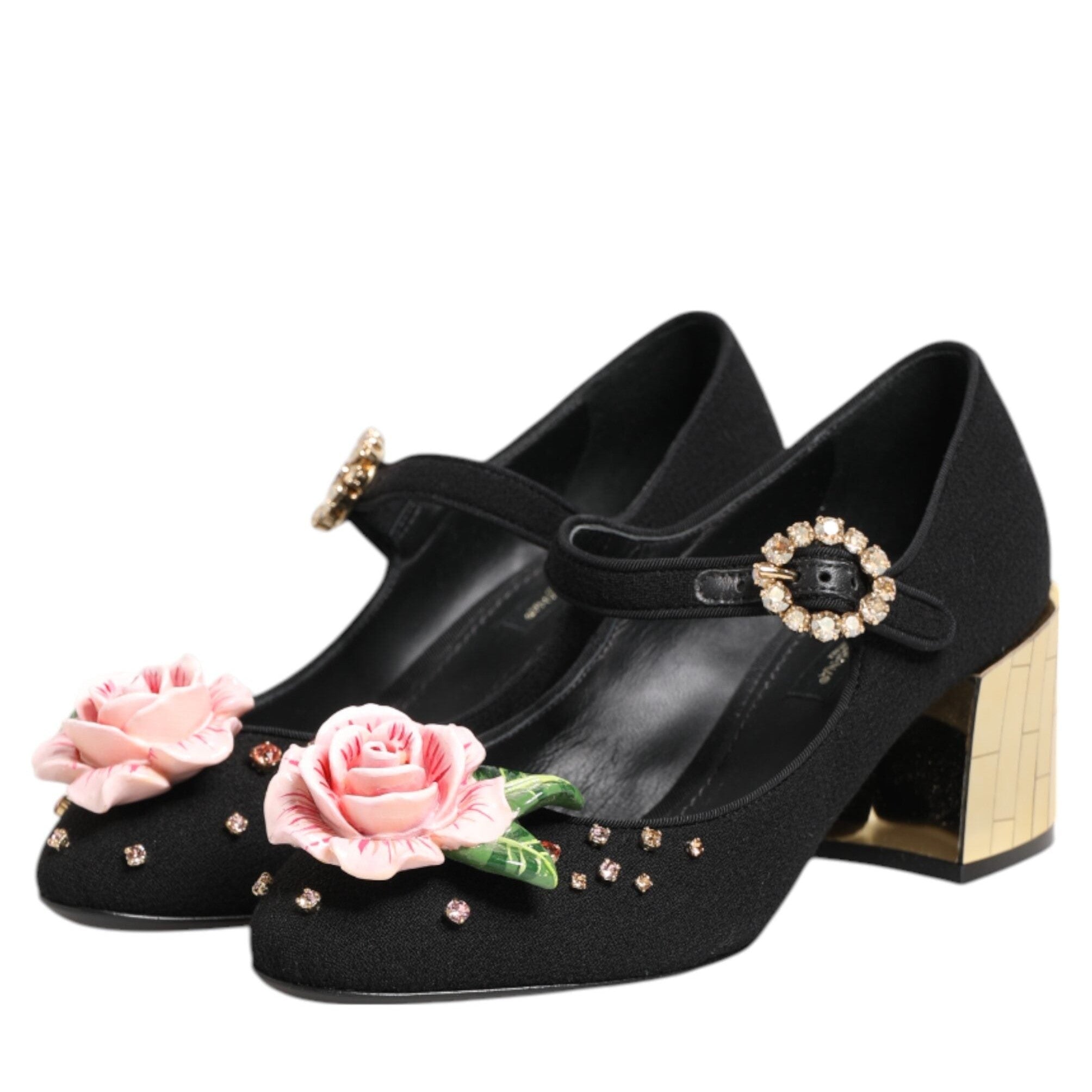 Dolce & Gabbana Black Flower Crystal Embellished Mary Jane Shoes