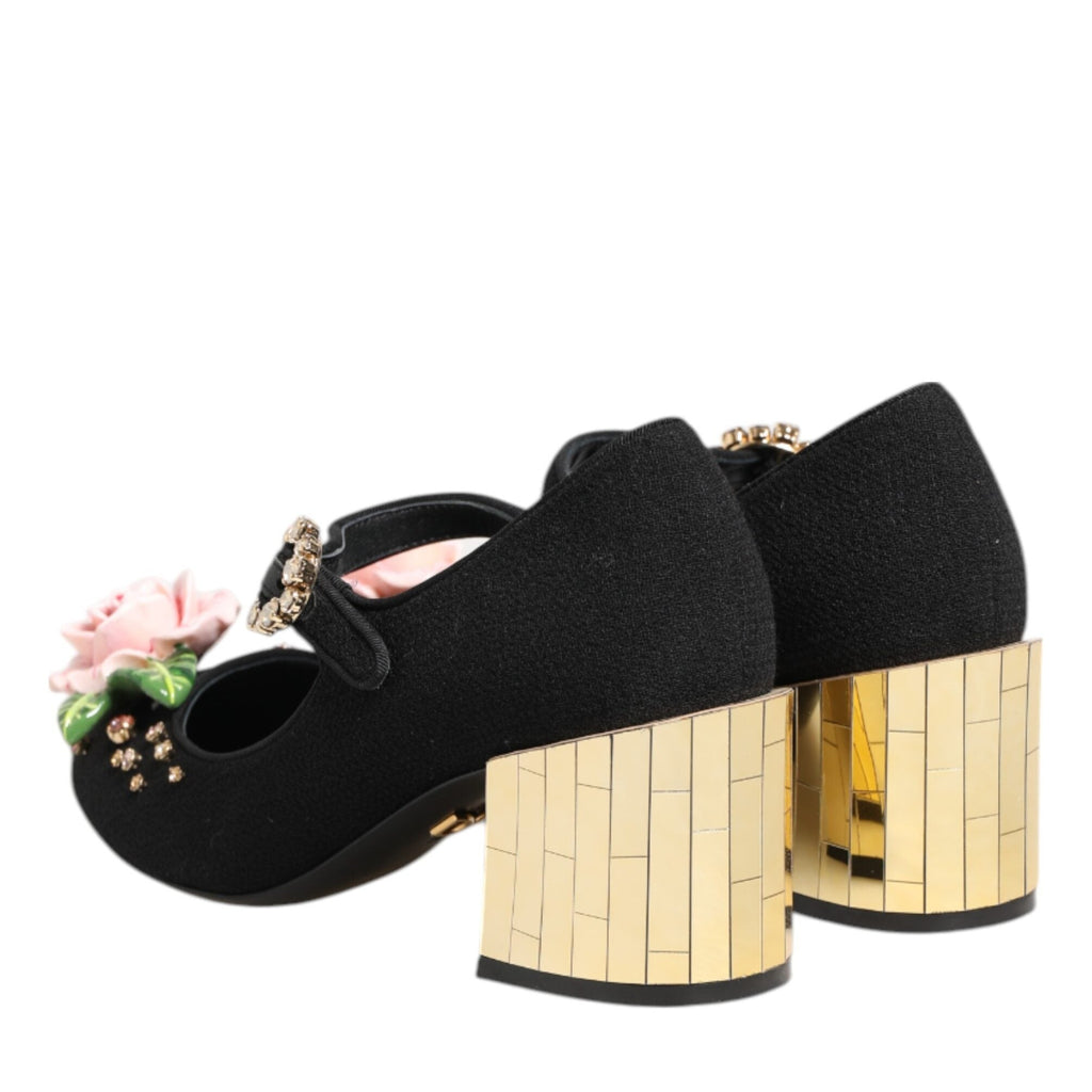 Dolce & Gabbana Black Flower Crystal Embellished Mary Jane Shoes