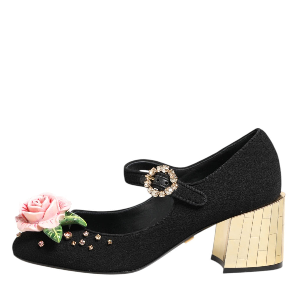 Dolce & Gabbana Black Flower Crystal Embellished Mary Jane Shoes