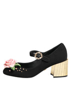 Dolce & Gabbana Black Flower Crystal Embellished Mary Jane Shoes - Eljoys Fashion 