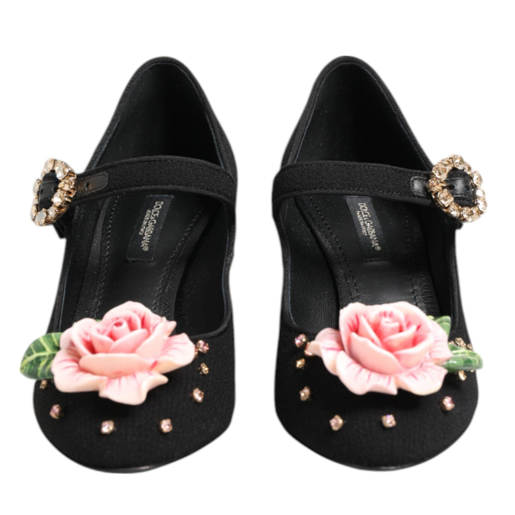 Dolce & Gabbana Black Flower Crystal Embellished Mary Jane Shoes