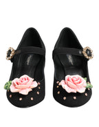 Dolce & Gabbana Black Flower Crystal Embellished Mary Jane Shoes - Eljoys Fashion 