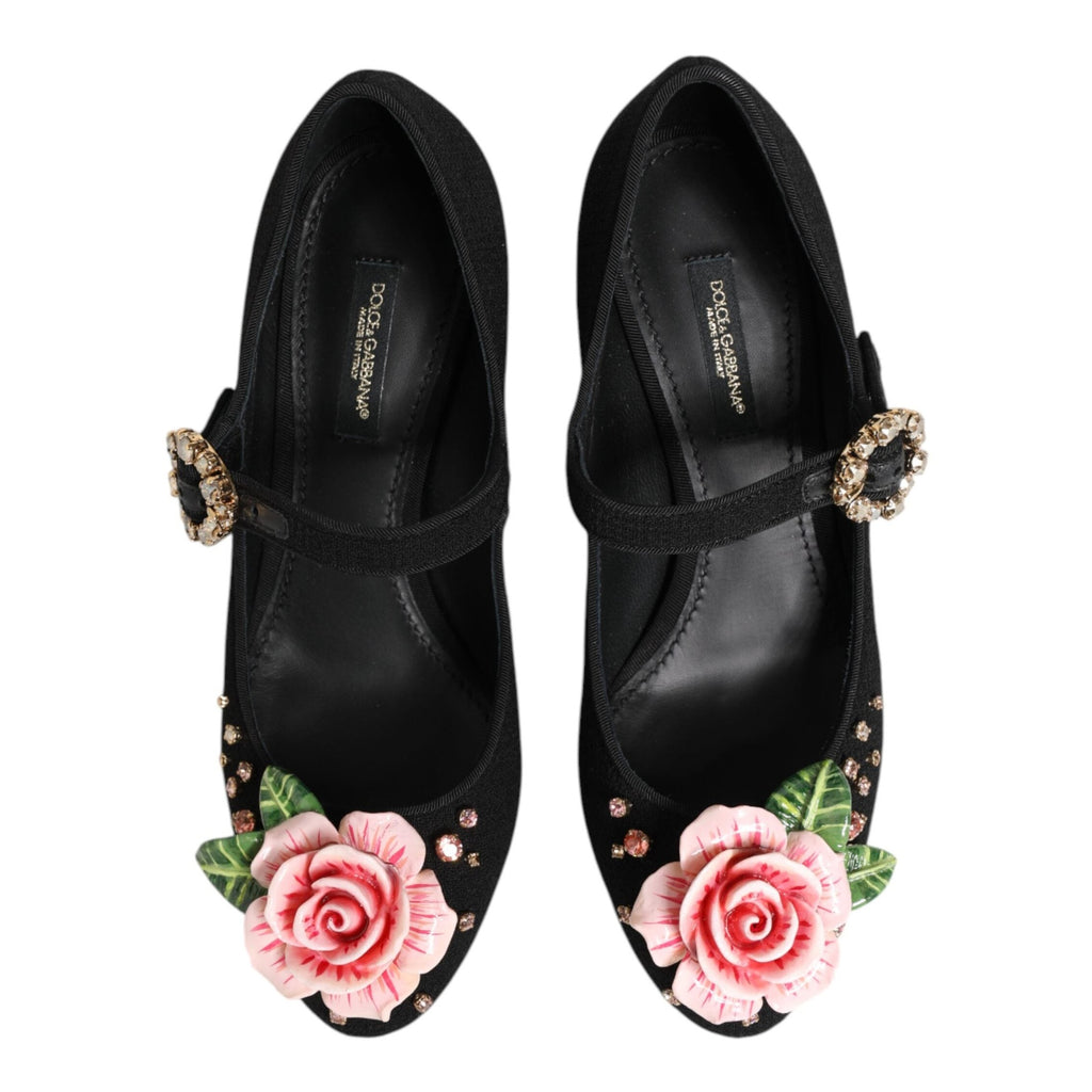 Dolce & Gabbana Black Flower Crystal Embellished Mary Jane Shoes
