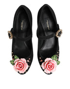 Dolce & Gabbana Black Flower Crystal Embellished Mary Jane Shoes - Eljoys Fashion 