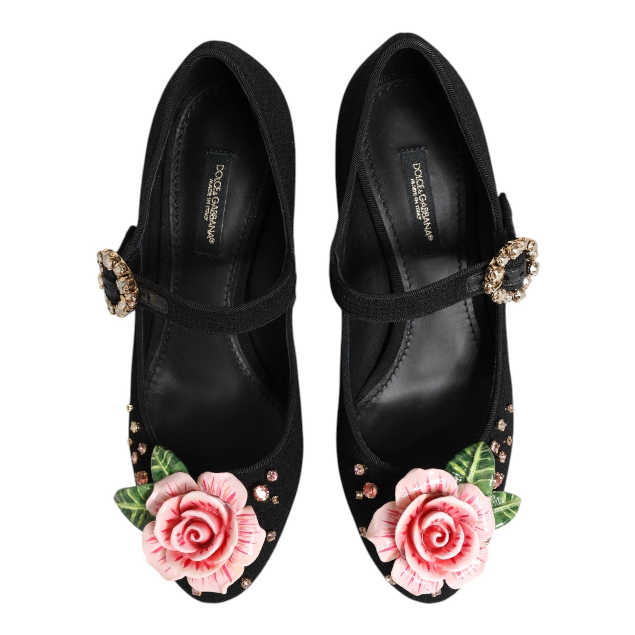 Dolce & Gabbana Black Flower Crystal Embellished Mary Jane Shoes