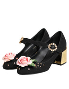 Dolce & Gabbana Black Flower Crystal Embellished Mary Jane Shoes - Eljoys Fashion 