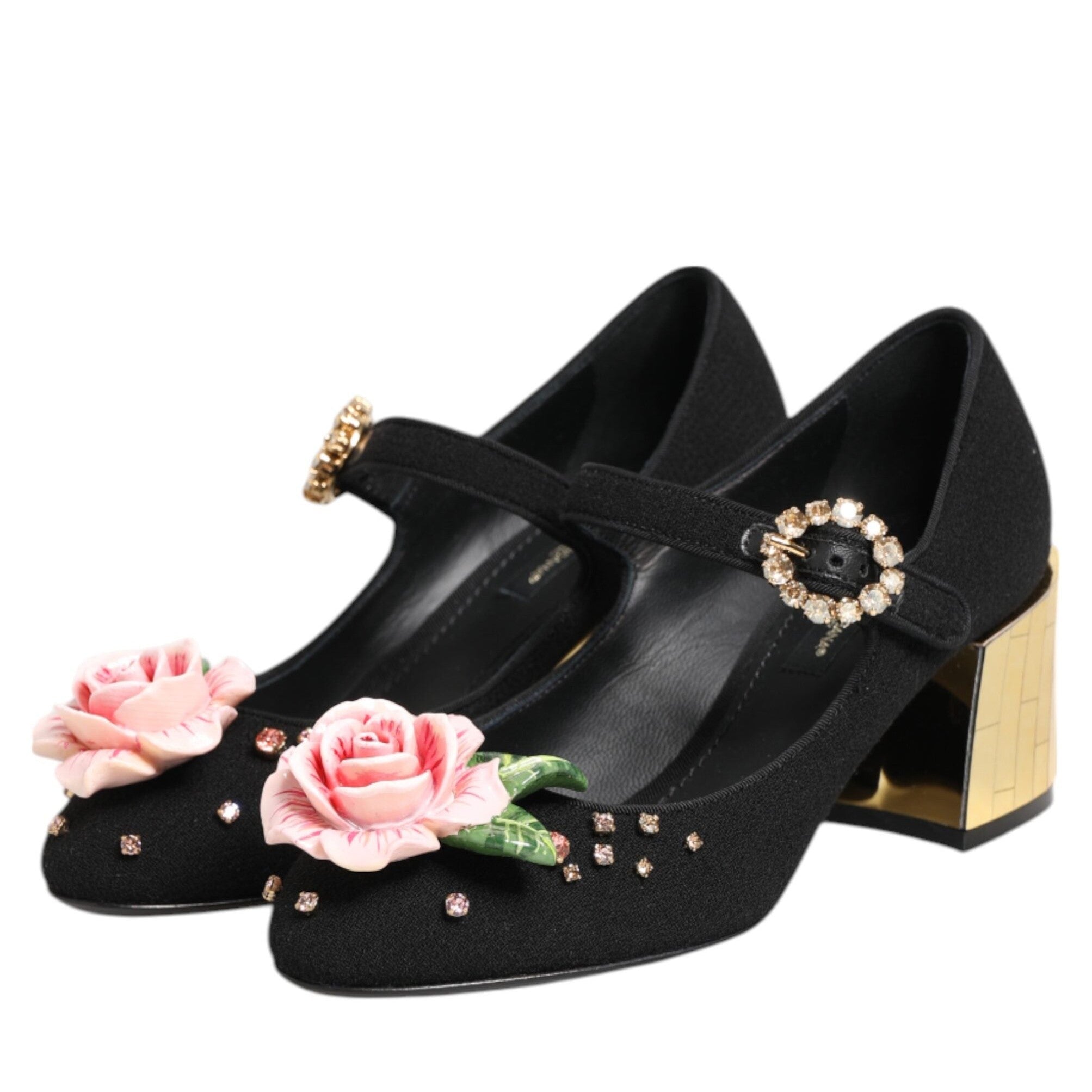 Dolce & Gabbana Black Flower Crystal Embellished Mary Jane Shoes
