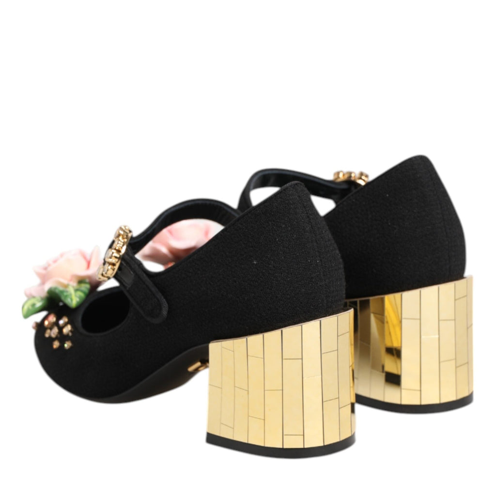 Dolce & Gabbana Black Flower Crystal Embellished Mary Jane Shoes