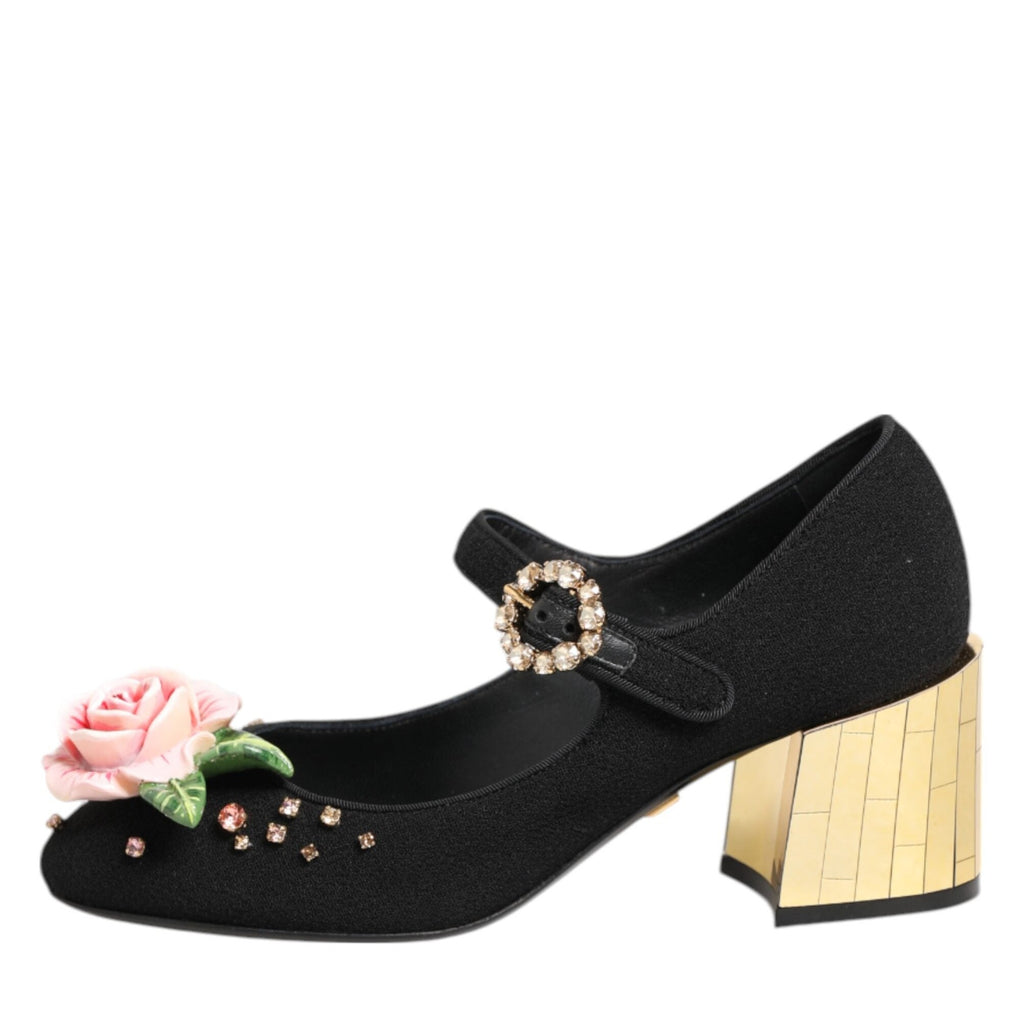 Dolce & Gabbana Black Flower Crystal Embellished Mary Jane Shoes
