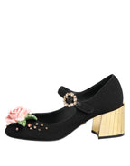 Dolce & Gabbana Black Flower Crystal Embellished Mary Jane Shoes - Eljoys Fashion 