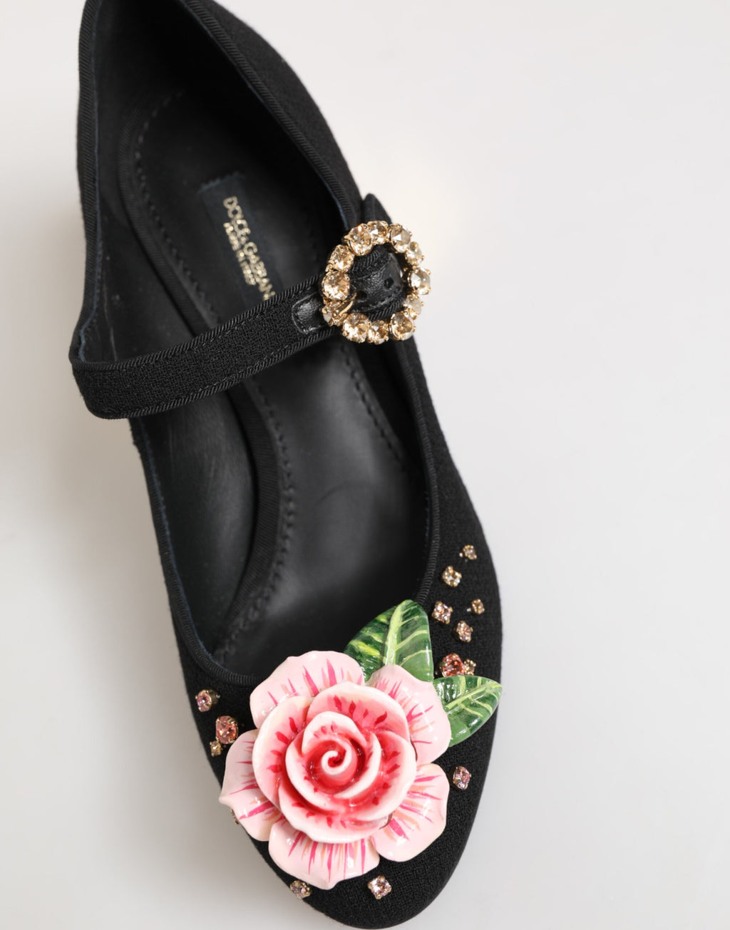Dolce & Gabbana Black Flower Crystal Embellished Mary Jane Shoes - Eljoys Fashion 