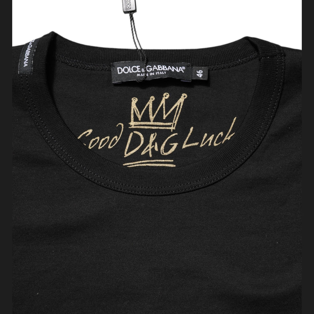 Dolce & Gabbana Black Cotton Goodluck Tee Crew Neck T-shirt