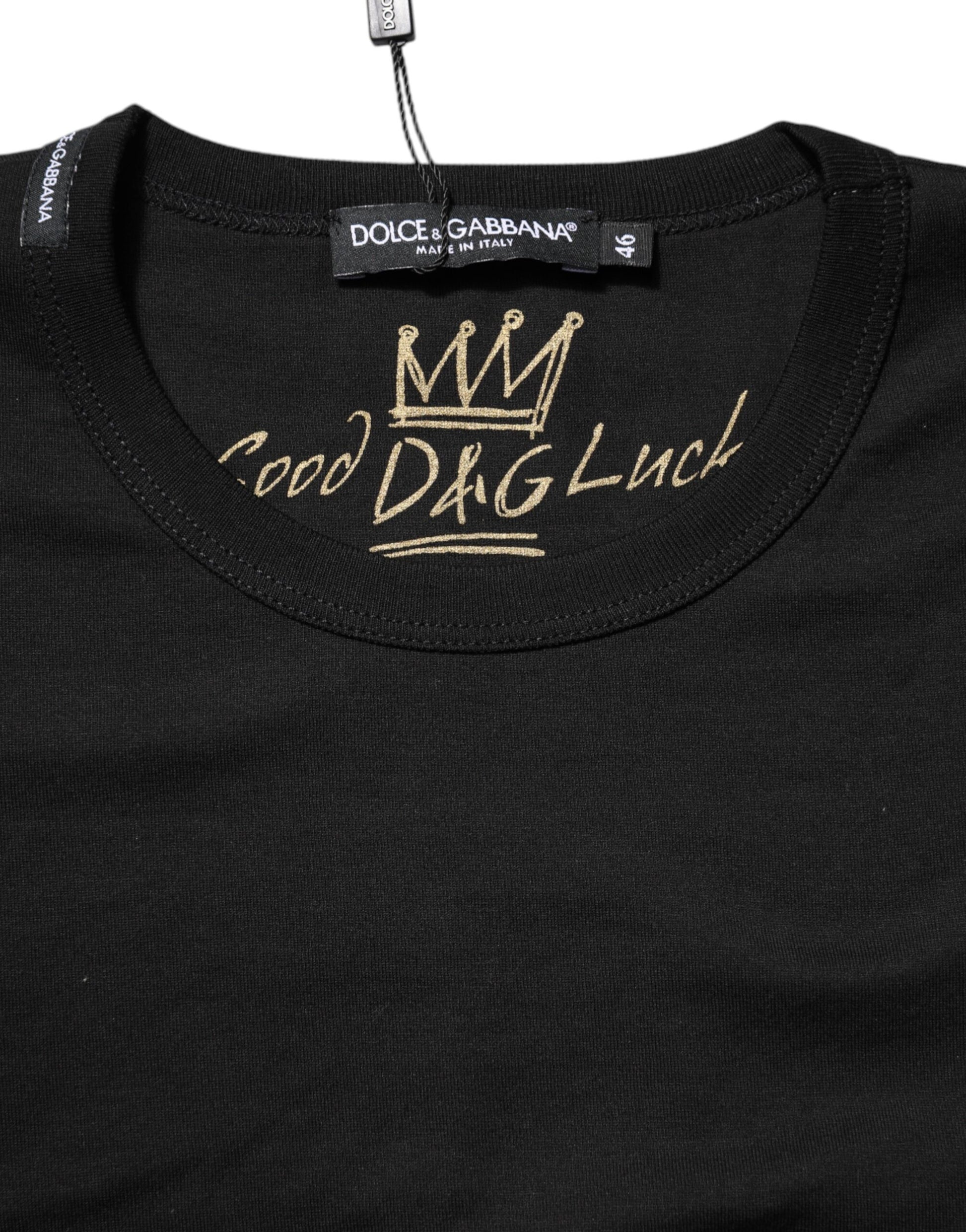 Dolce & Gabbana Black Cotton Goodluck Tee Crew Neck T-shirt Dolce & Gabbana