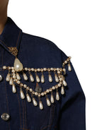 Dolce & Gabbana Blue Cotton Denim Crystal Embellished Jacket - Eljoys Fashion 