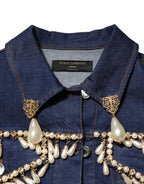 Dolce & Gabbana Blue Cotton Denim Crystal Embellished Jacket - Eljoys Fashion 