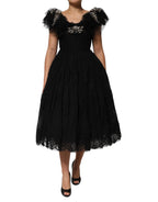 Dolce & Gabbana Black Crystal Embellished Midi A-line Dress - Eljoys Fashion 