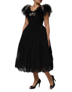 Dolce & Gabbana Black Crystal Embellished Midi A-line Dress - Eljoys Fashion 