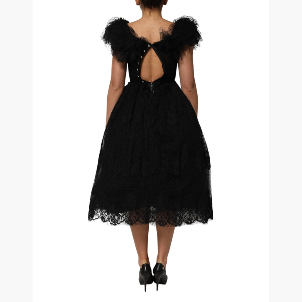 Dolce & Gabbana Black Crystal Embellished Midi A-line Dress
