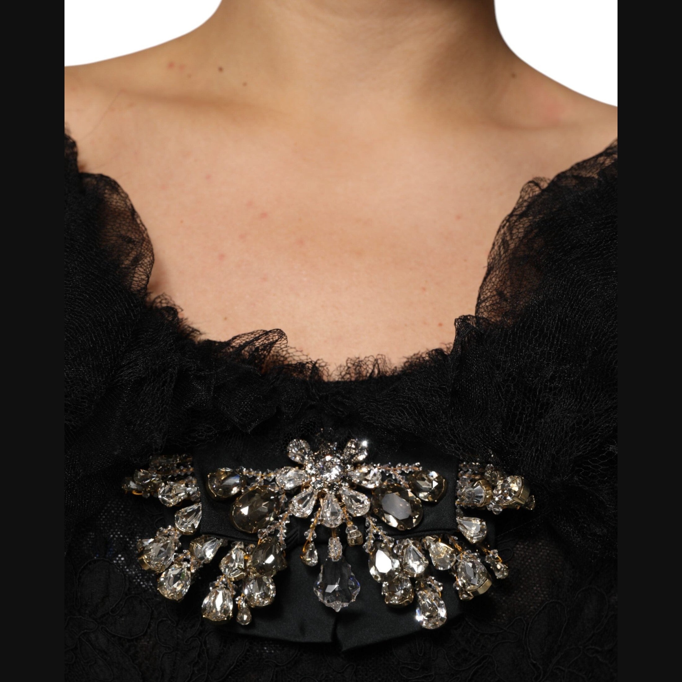 Dolce & Gabbana Black Crystal Embellished Midi A-line Dress