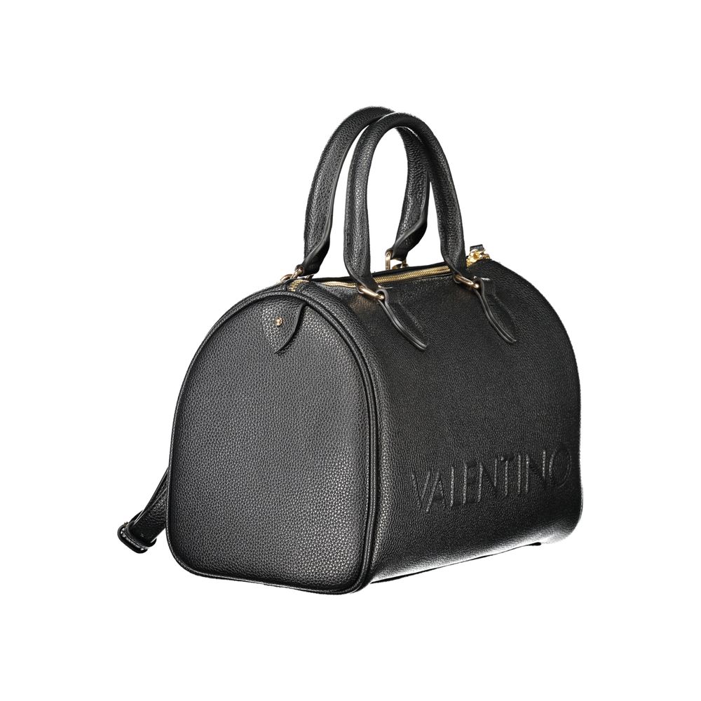 Mario Valentino black polyurethane women's bag with sleek design and silver hardware, featuring a top handle and adjustable strap.