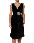 Dolce & Gabbana Black Velvet Flower Embellishment Aline Dress - Eljoys Fashion 