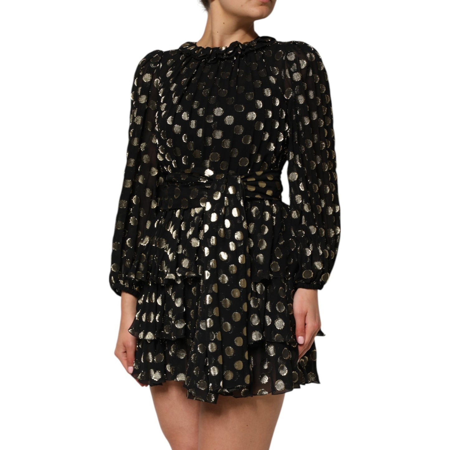 Dolce & Gabbana Black Gold Polka Dot Silk Brocade Mini Dress