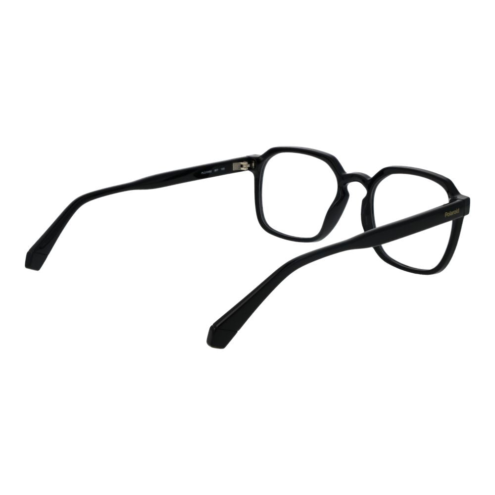 Polaroid black polyamide glasses frames with sleek, lightweight design and clear lens details visible.