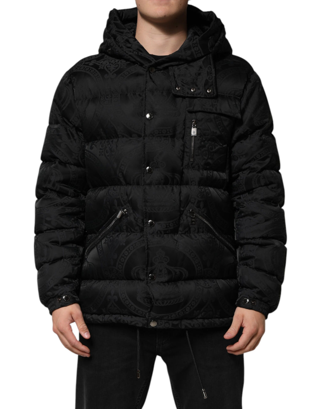 Dolce & Gabbana Black Jacquard Quilted Puffer Hooded Jacket - Eljoys Fashion 
