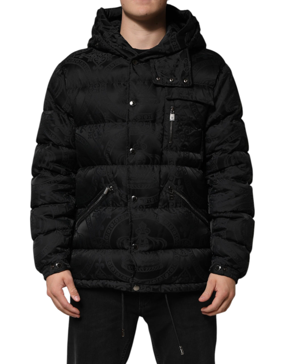 Dolce & Gabbana Black Jacquard Quilted Puffer Hooded Jacket - Eljoys Fashion 
