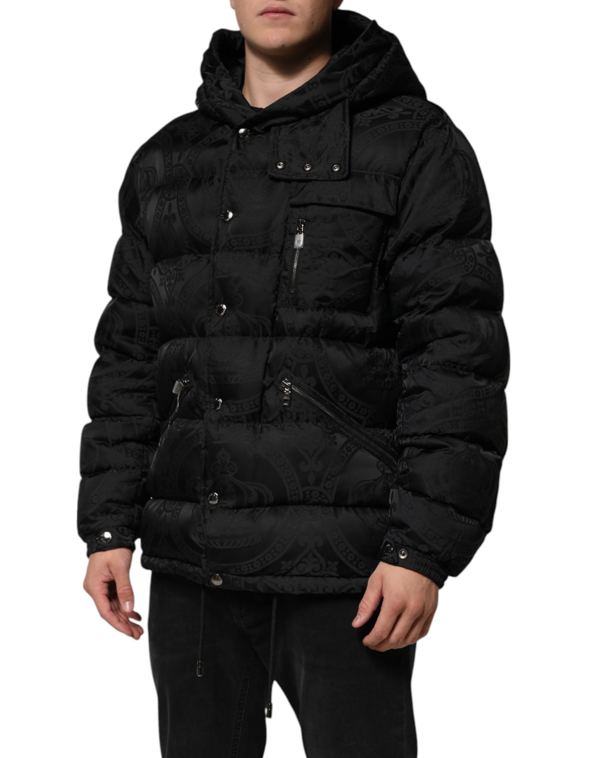 Dolce & Gabbana Black Jacquard Quilted Puffer Hooded Jacket - Eljoys Fashion 