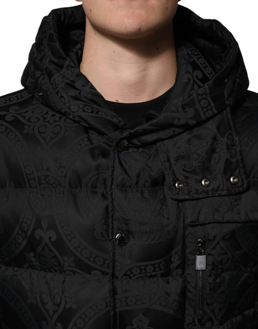 Dolce & Gabbana Black Jacquard Quilted Puffer Hooded Jacket - Eljoys Fashion 
